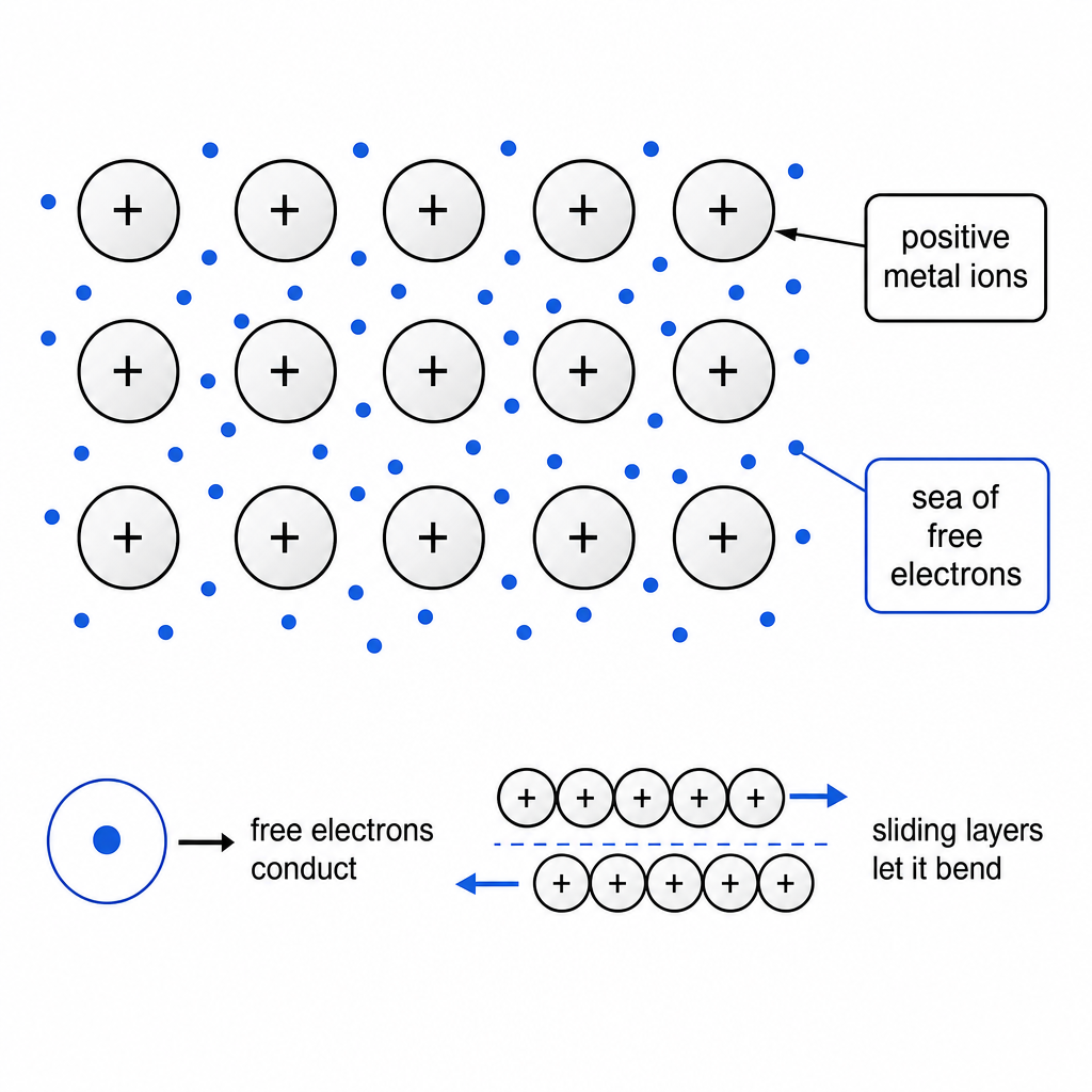 A diagram titled "Metallic bonding": a grid of positive ions (circles with "+") labelled "positive metal ions", with small dots between them labelled "sea of free electrons". Caption: "free electrons conduct; sliding layers let it bend". Clean black-