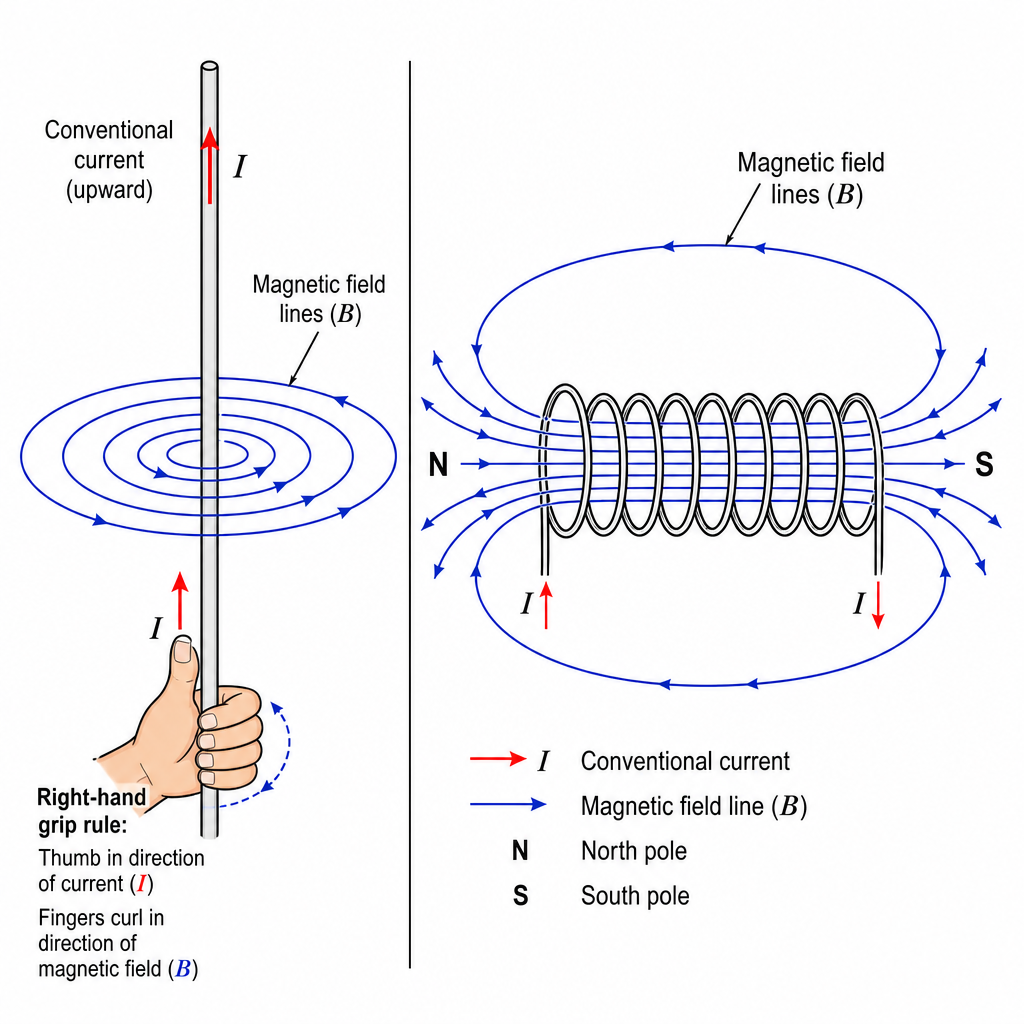 Two labelled panels. Left "Straight wire": a vertical wire with conventional current arrow pointing up, surrounded by concentric circular field lines with arrowheads showing direction, and a hand icon illustrating the right-hand grip rule. Right "Sol