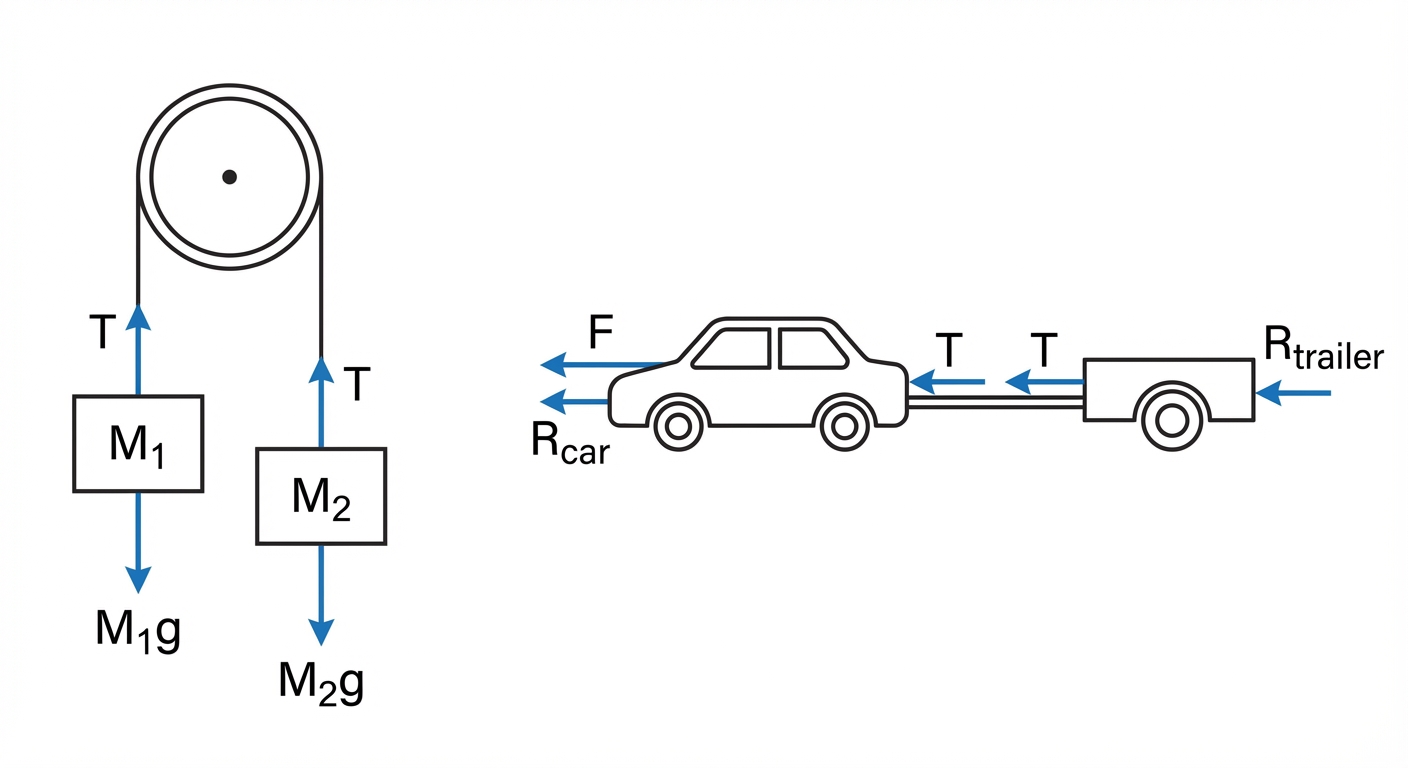 A diagram showing two scenarios. Left side: A pulley with two masses, M1 and M2, connected by a string. Forces (Tension T upwards, Weight M1g and M2g downwards) are labelled on each mass. Right side: A car pulling a trailer connected by a tow-bar. Fo