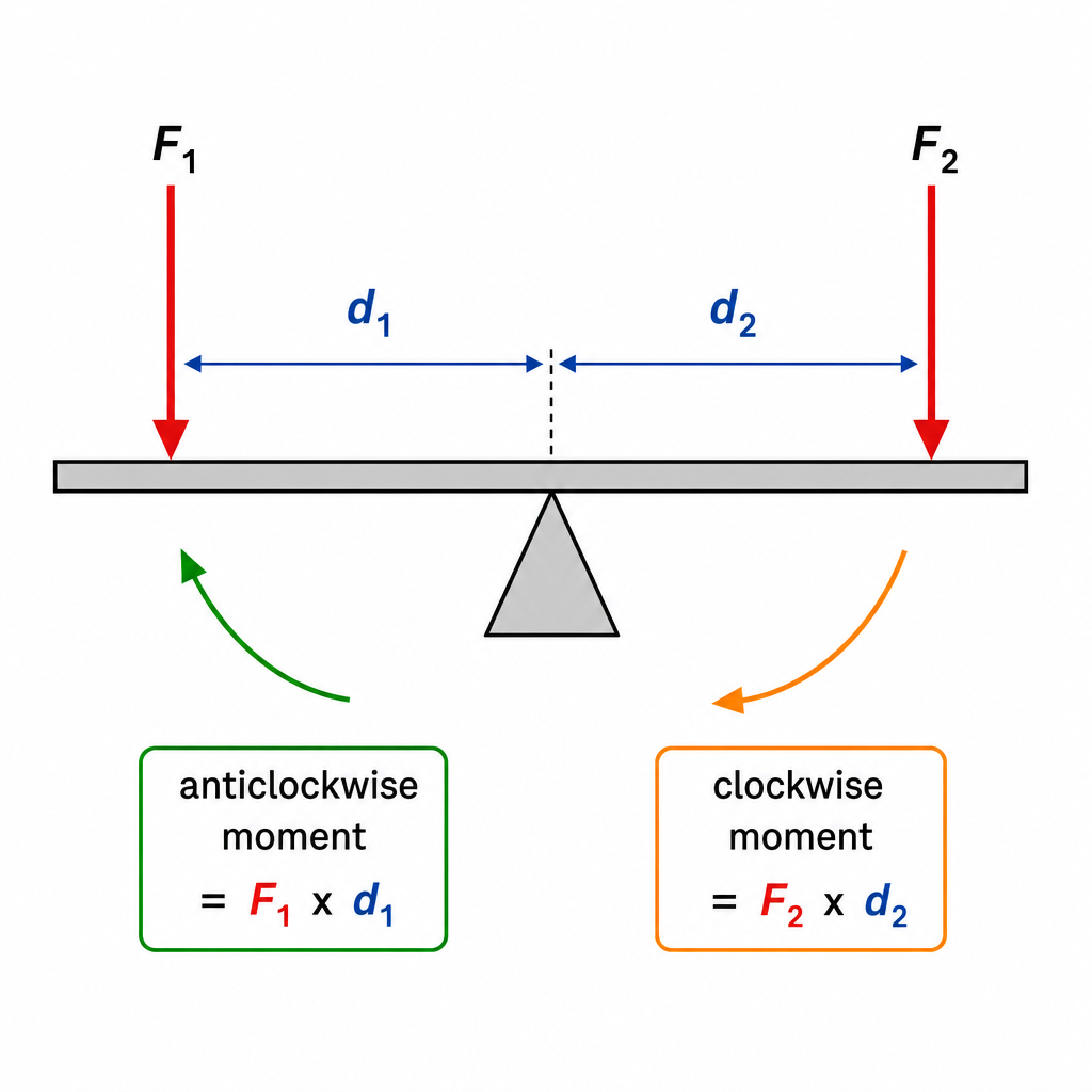 A horizontal beam balanced on a central triangular pivot. On the left, a downward force arrow "F1" at distance "d1" from the pivot; on the right, a downward force arrow "F2" at distance "d2". Labels show "anticlockwise moment = F1 x d1" and "clockwis