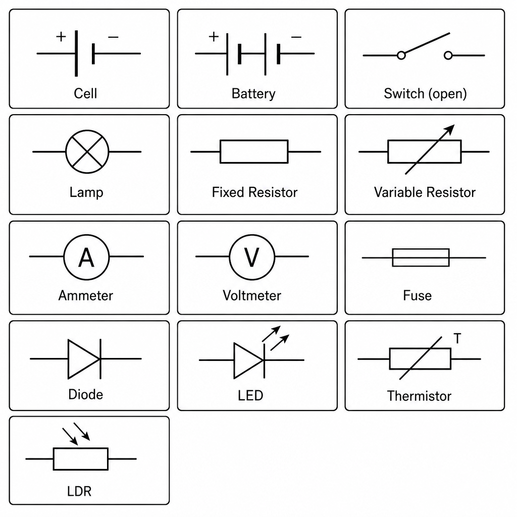 A reference card of standard circuit symbols arranged in a clean grid, each symbol with its name labelled beneath it: cell, battery, switch (open), lamp, fixed resistor, variable resistor, ammeter (A in circle), voltmeter (V in circle), fuse, diode,