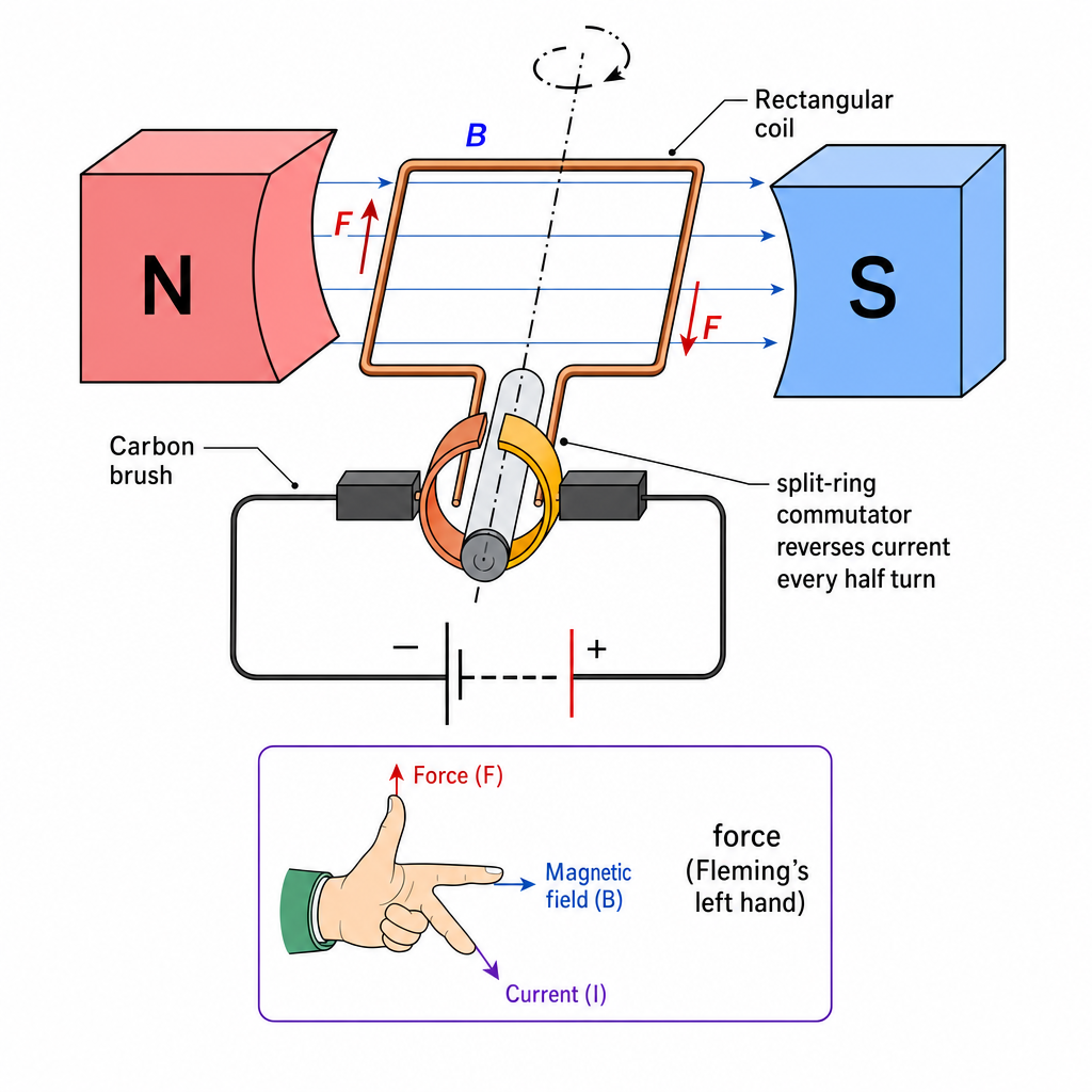 A d.c. motor diagram. A rectangular coil between N and S magnet poles, mounted on an axle fitted with a two-piece split-ring commutator, each half touching a carbon brush connected to a battery. Force arrows on the two coil sides point in opposite di