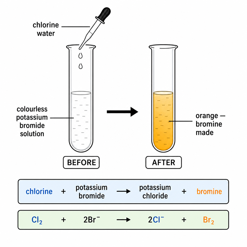 A simple two-test-tube displacement diagram, black-on-white. Left tube "before": colourless potassium bromide with a dropper adding "chlorine water". Right tube "after": shaded solution labelled "orange — bromine made". Below: "chlorine + potassium b