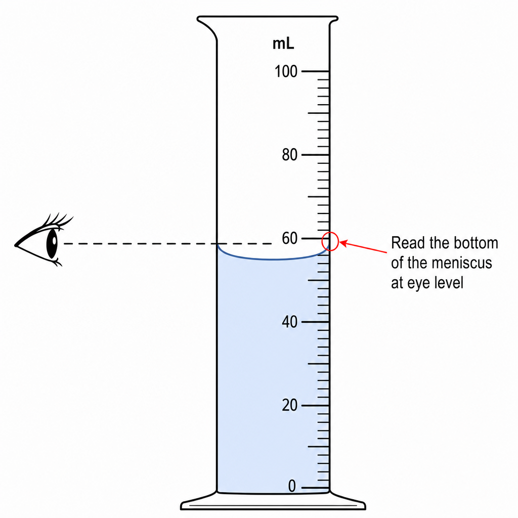 A measuring cylinder viewed from the side, partly filled with water. A horizontal dashed eye-level line meets the bottom of the curved water surface (the meniscus) where the scale reads a value. A small eye icon on the left at the same height as the 