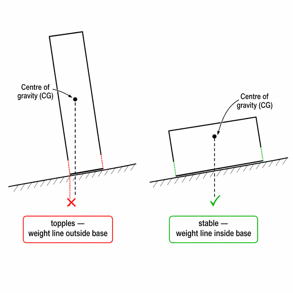 Two side-by-side objects on a tilted surface. Left: a tall narrow box tilted so the vertical line from its centre of gravity falls just outside its base, labelled "topples — weight line outside base". Right: a low wide box tilted at the same angle wi