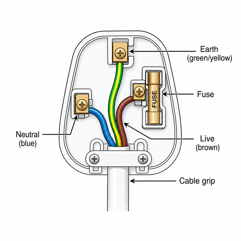 A labelled diagram of a three-pin mains plug opened to show its internal wiring. Three wires are labelled by colour and name: "Live (brown)" connected through a small cylindrical "Fuse", "Neutral (blue)", and "Earth (green/yellow)" connected to the l