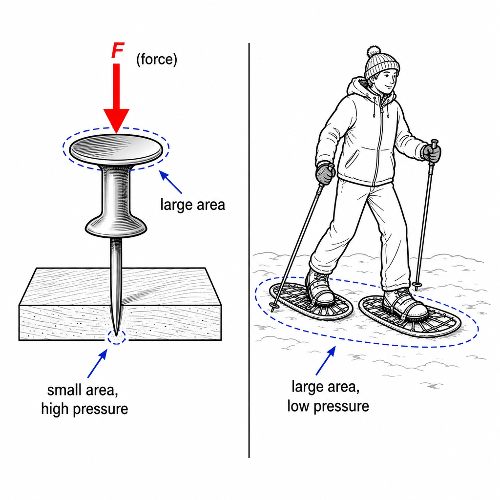 Two panels. Left: a drawing pin pressed into a board, a large force arrow on the flat head spread over a wide area, focused to a tiny sharp point labelled "small area, high pressure". Right: a person in snowshoes on snow, body weight spread over a la