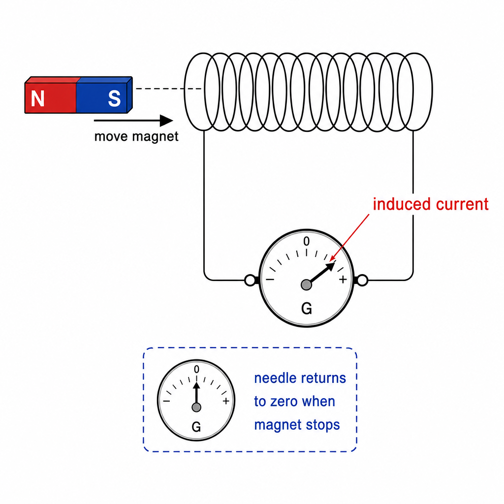 A bar magnet being pushed into a coil of wire (a solenoid) whose ends are connected to a centre-zero galvanometer. The magnet has a motion arrow pointing into the coil labelled "move magnet", and the galvanometer needle is shown deflected to one side
