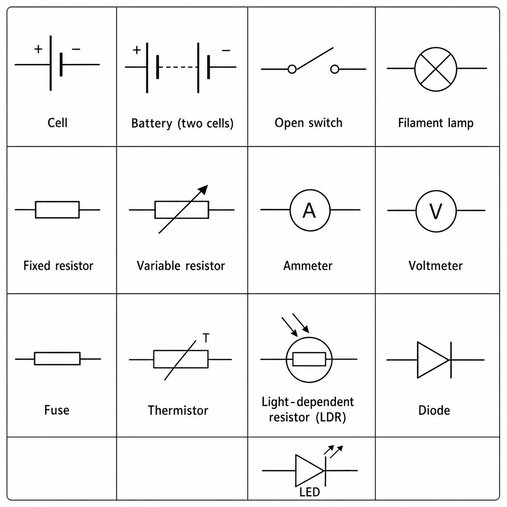 A reference card of standard circuit symbols arranged in a labelled grid. Include and label each: cell, battery (two cells), open switch, filament lamp, fixed resistor, variable resistor, ammeter (circle with A), voltmeter (circle with V), fuse, ther