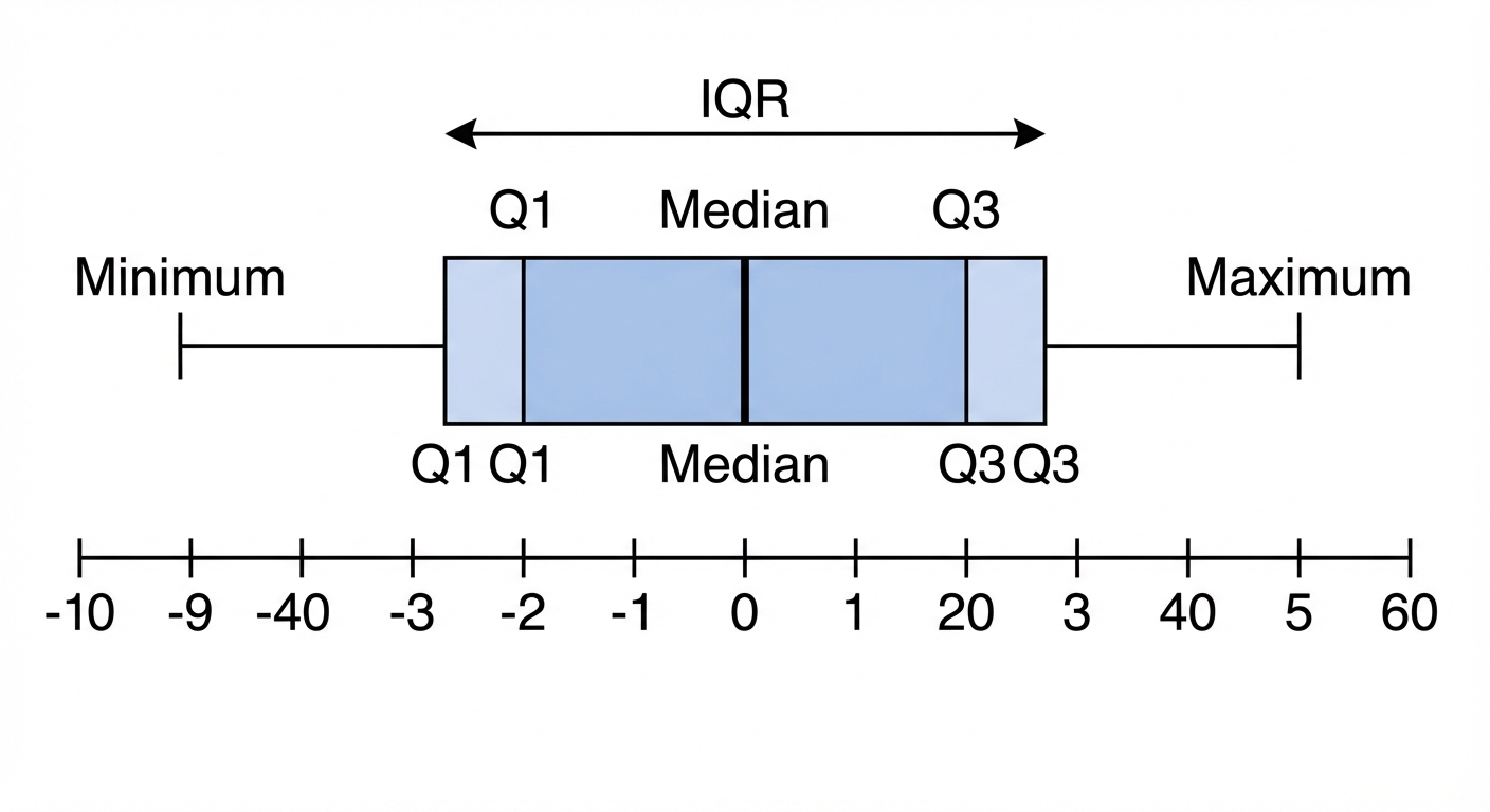 A clear box-and-whisker plot diagram showing a dataset. The box should be highlighted, with labels for Q1, Q3, and the width of the box labelled as the IQR.