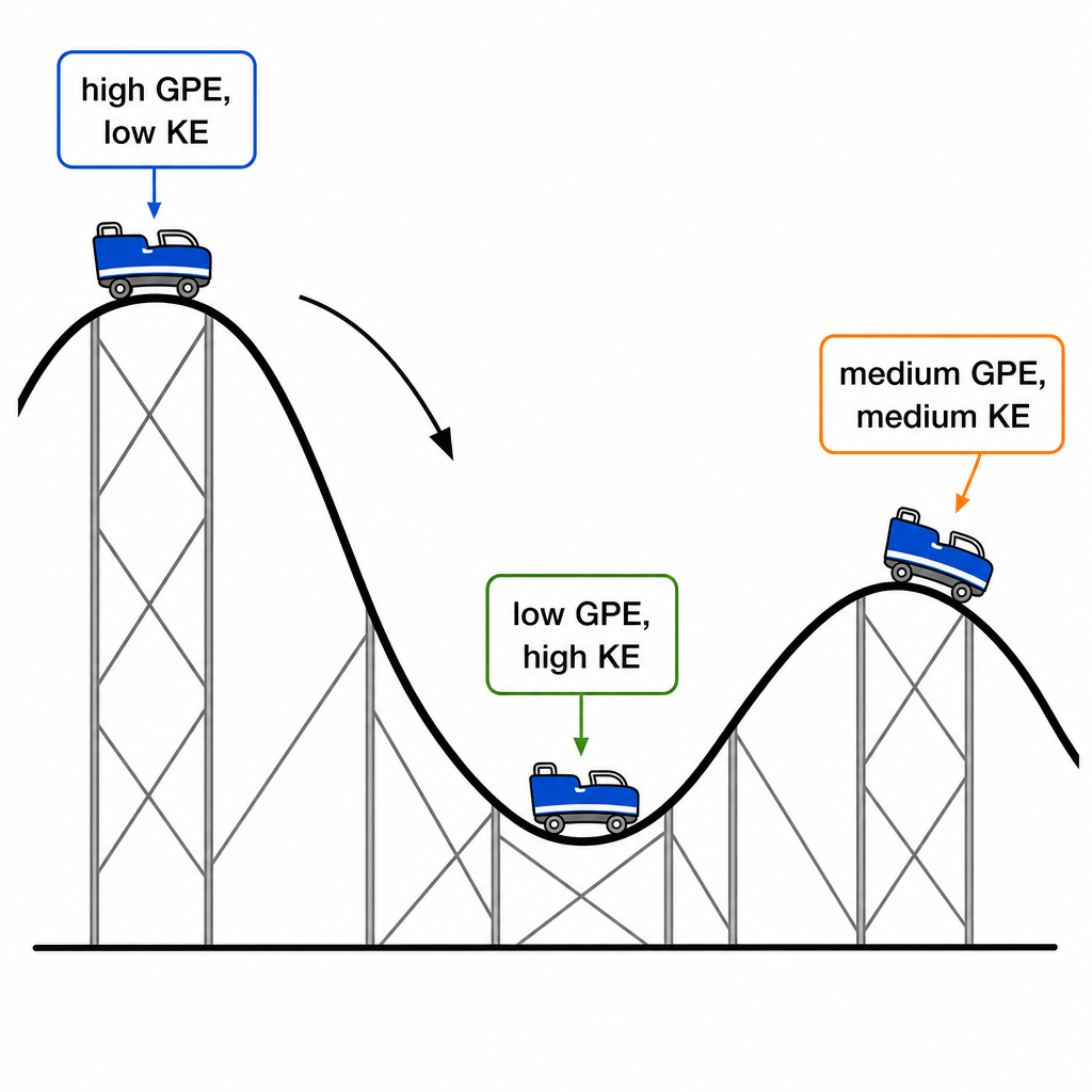 A simple roller-coaster track profile from left to right. At the high left peak a cart is labelled "high GPE, low KE". At the low middle dip the cart is labelled "low GPE, high KE". At a lower right peak the cart is labelled "medium GPE, medium KE". 