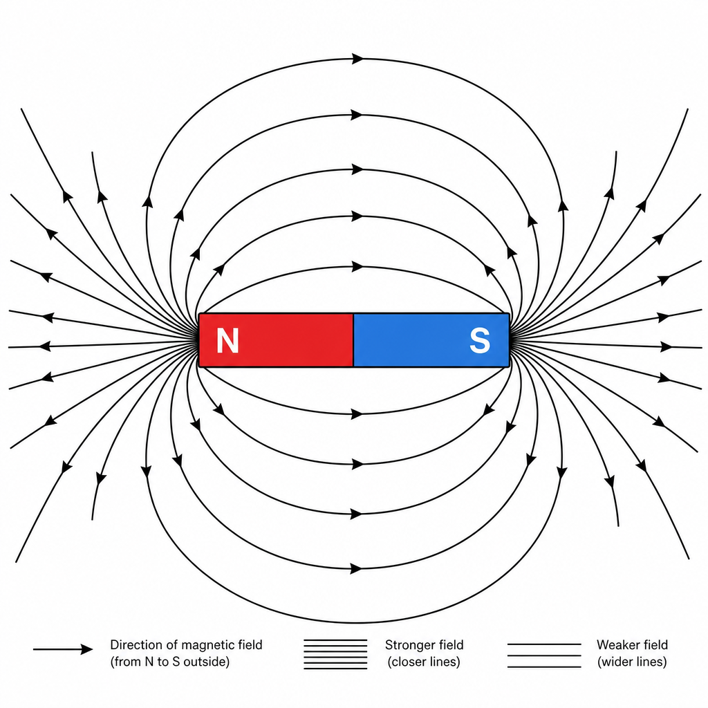 A bar magnet drawn horizontally with N on the left and S on the right. Smooth curved field lines emerge from the N pole, loop around the outside of the magnet, and enter the S pole. Lines are drawn close together near each pole (strong field) and wid