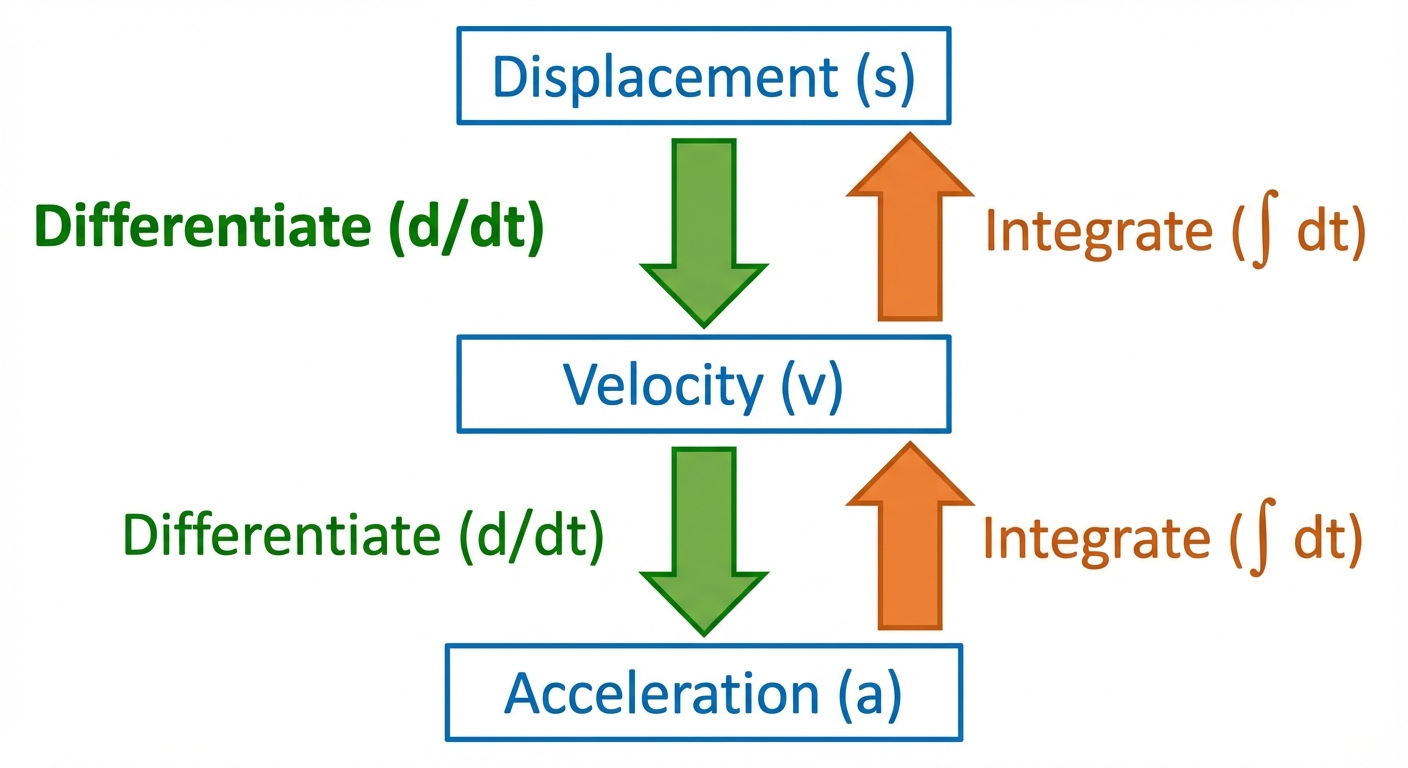 A pyramid or ladder diagram. At the top is Displacement (s). An arrow pointing down labelled 'Differentiate (d/dt)' points to Velocity (v). Another arrow pointing down from v, also labelled 'Differentiate (d/dt)', points to Acceleration (a). Then, sh