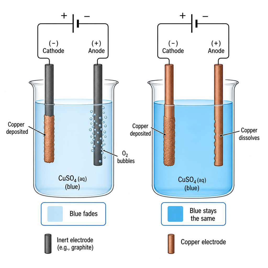 Two beakers of blue copper(II) sulfate side by side. LEFT "inert electrodes": cathode "copper deposited", anode "O₂ bubbles", note "blue fades". RIGHT "copper electrodes": cathode "copper deposited", anode "copper dissolves", note "blue stays the sam