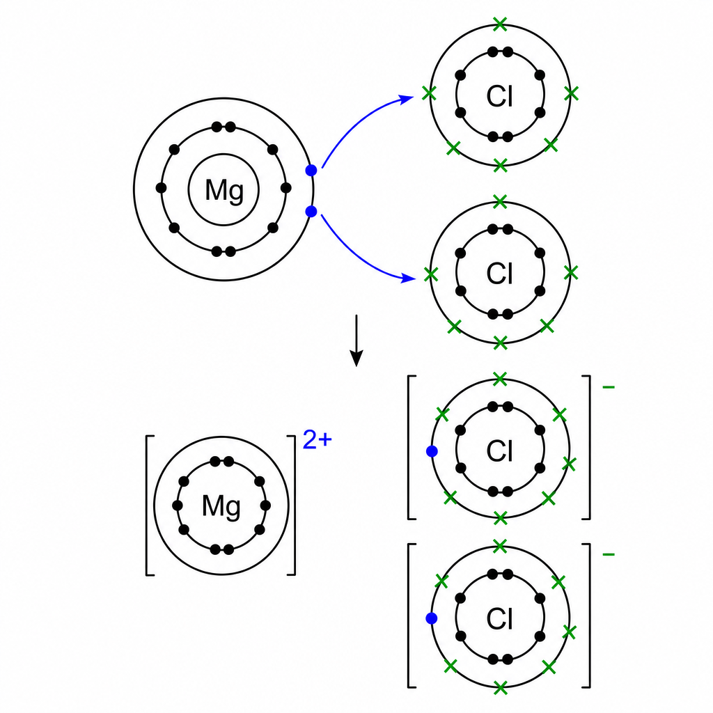 A simple dot-and-cross diagram titled "Ionic bonding in magnesium chloride". A magnesium atom (two dots in its outer shell) with an arrow to each of two chlorine atoms (seven crosses each), giving "[Mg