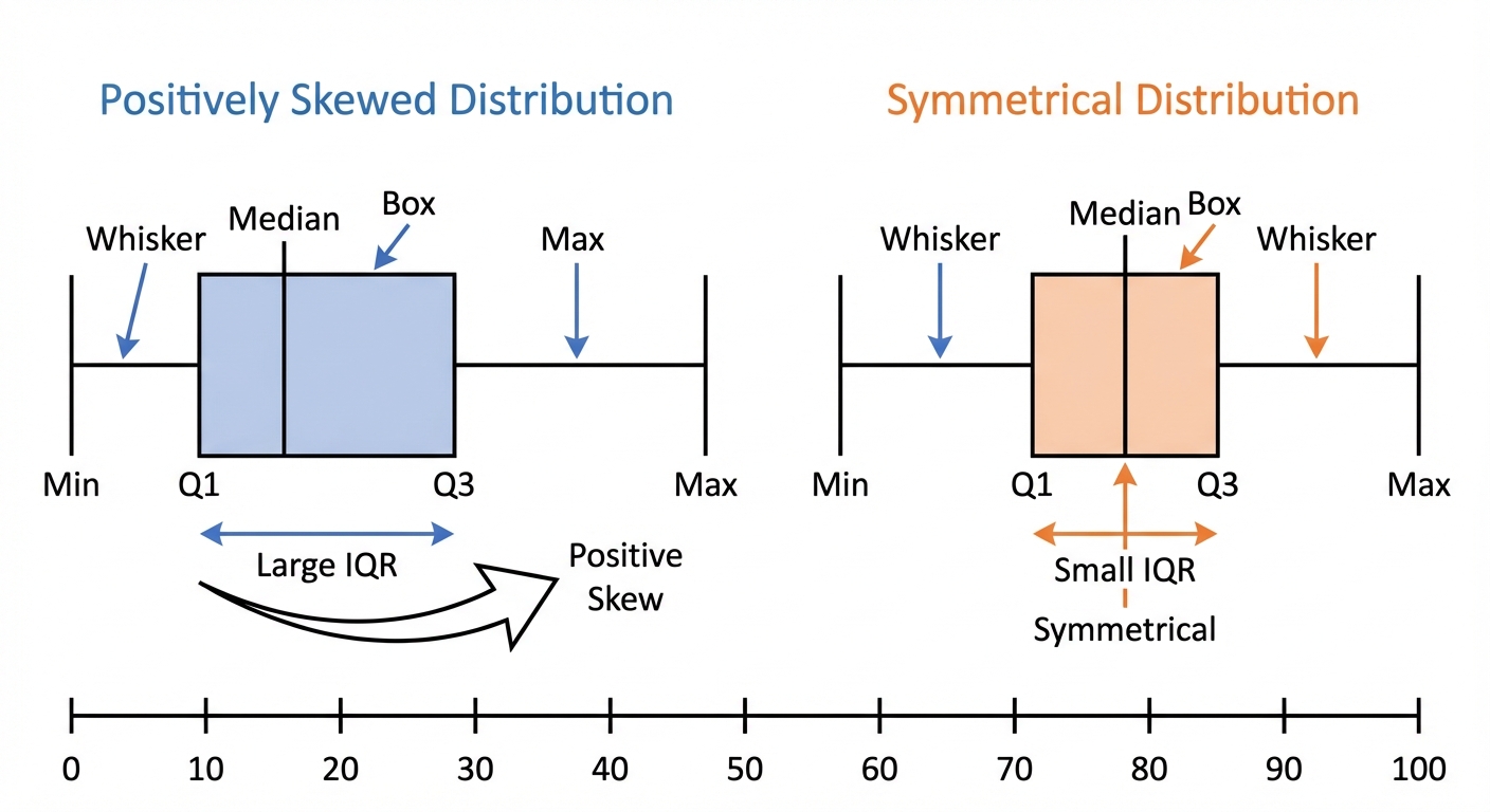 Two box-and-whisker plots side-by-side, one showing positive skew and a large IQR, the other showing a symmetrical distribution with a smaller IQR.