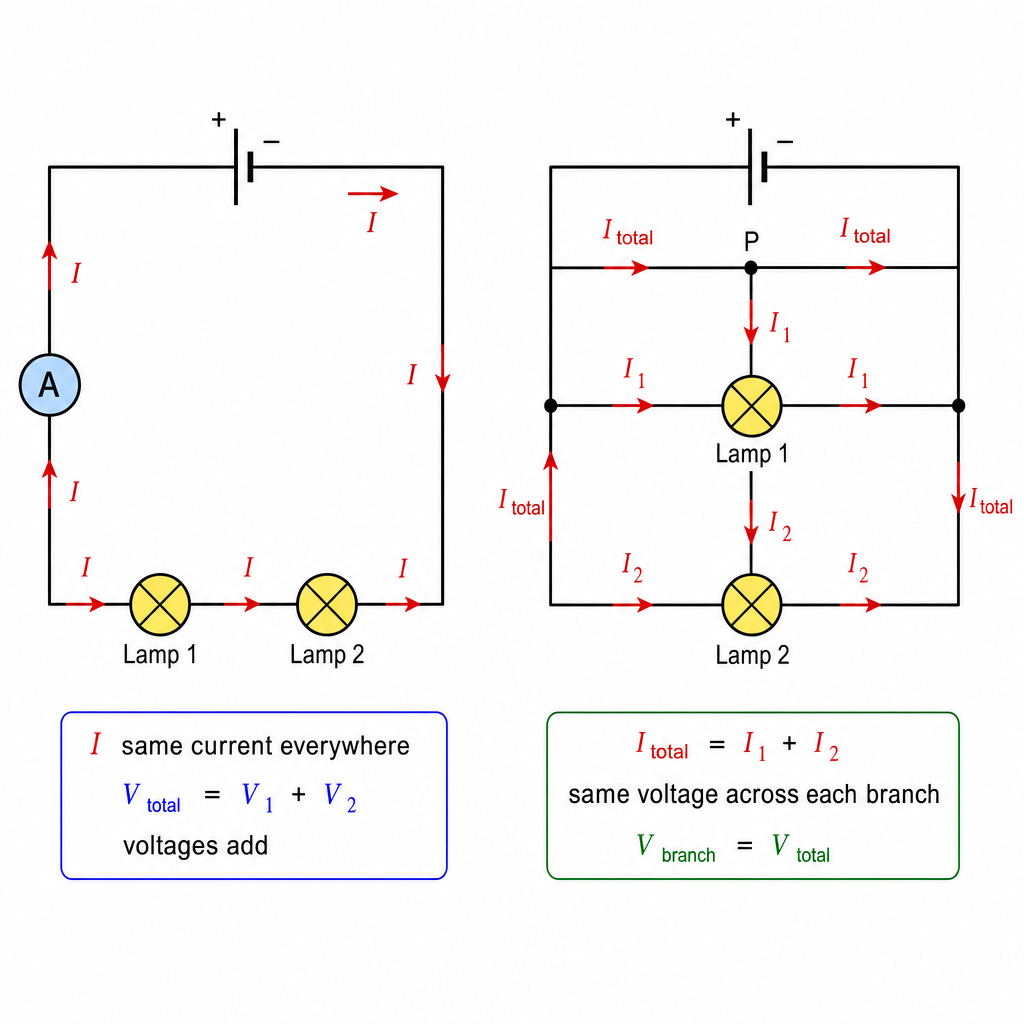 Two labelled circuit diagrams side by side, each with a cell. Left "Series": cell and two lamps in a single loop, an ammeter in the loop, arrows showing the same current through both lamps, label "same current everywhere, voltages add". Right "Parall