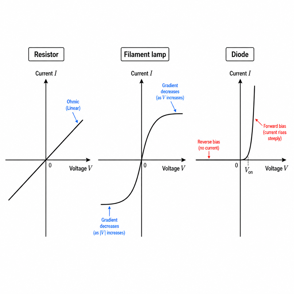 Three small I-V graphs side by side, each with vertical axis "Current $I$" and horizontal axis "Voltage $V$", origin centred. Panel 1 "Resistor": a straight line through the origin with positive gradient, extending into both quadrants. Panel 2 "Filam