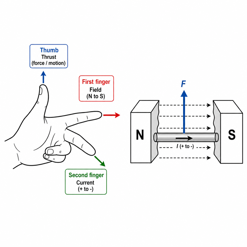 A diagram of Fleming's left-hand rule. A left hand with thumb, first finger and second finger held at right angles to each other, each labelled: thumb "Thrust (force / motion)", first finger "Field (N to S)", second finger "Current (+ to -)". Beside