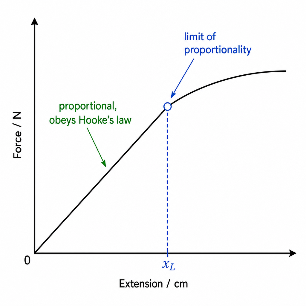 A load-extension graph for a spring. Vertical axis "Force / N", horizontal axis "Extension / cm". A straight line rises from the origin (labelled "proportional, obeys Hooke's law"), then curves away from the straight line beyond a marked point labell