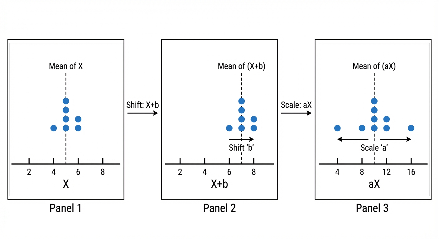 A simple graph with three panels. Panel 1 shows a basic dot plot for a random variable X. Panel 2 shows the same dots all shifted to the right, labelled 'Shift: X+b'. Panel 3 shows the original dots stretched further apart from the mean, labelled 'Sc
