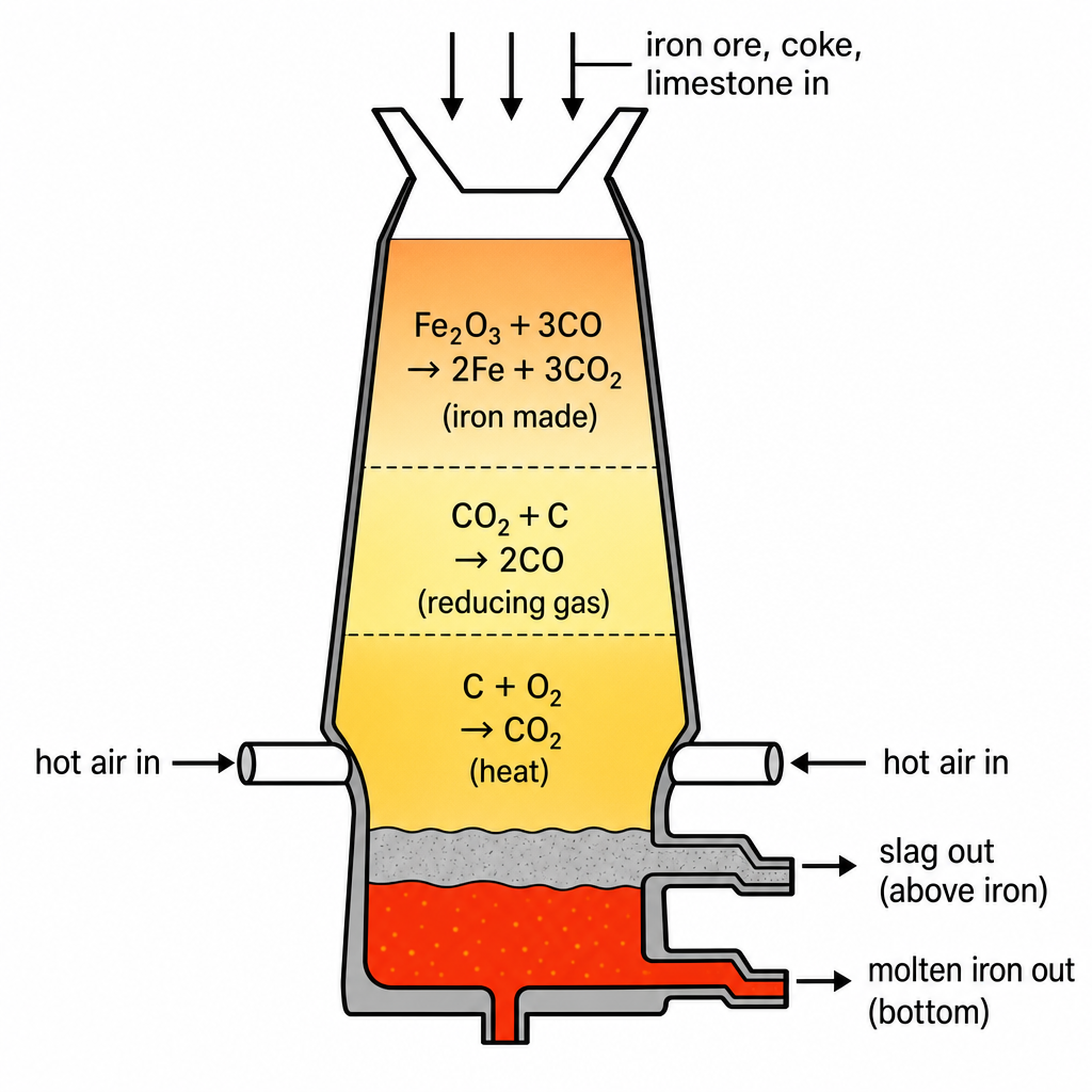 A simple labelled blast-furnace cross-section, black-on-white. A tall tower. Top inlet "iron ore, coke, limestone in". Bottom pipes "hot air in". Three labels inside, bottom to top: "C + O2 → CO2 (heat)", "CO2 + C → 2CO (reducing gas)", "Fe2O3 + 3CO 