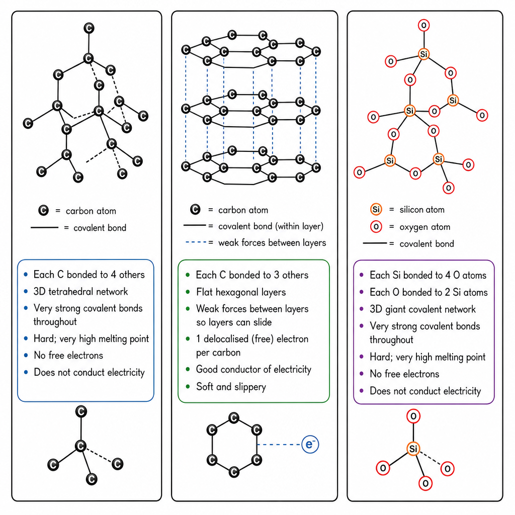 A three-panel comparison titled "Giant covalent structures": Diamond (each C bonded to 4, hard, no free electrons); Graphite (flat layers, each C bonded to 3, weak forces between layers slide, 1 free electron per carbon → conducts); Silicon(IV) oxide