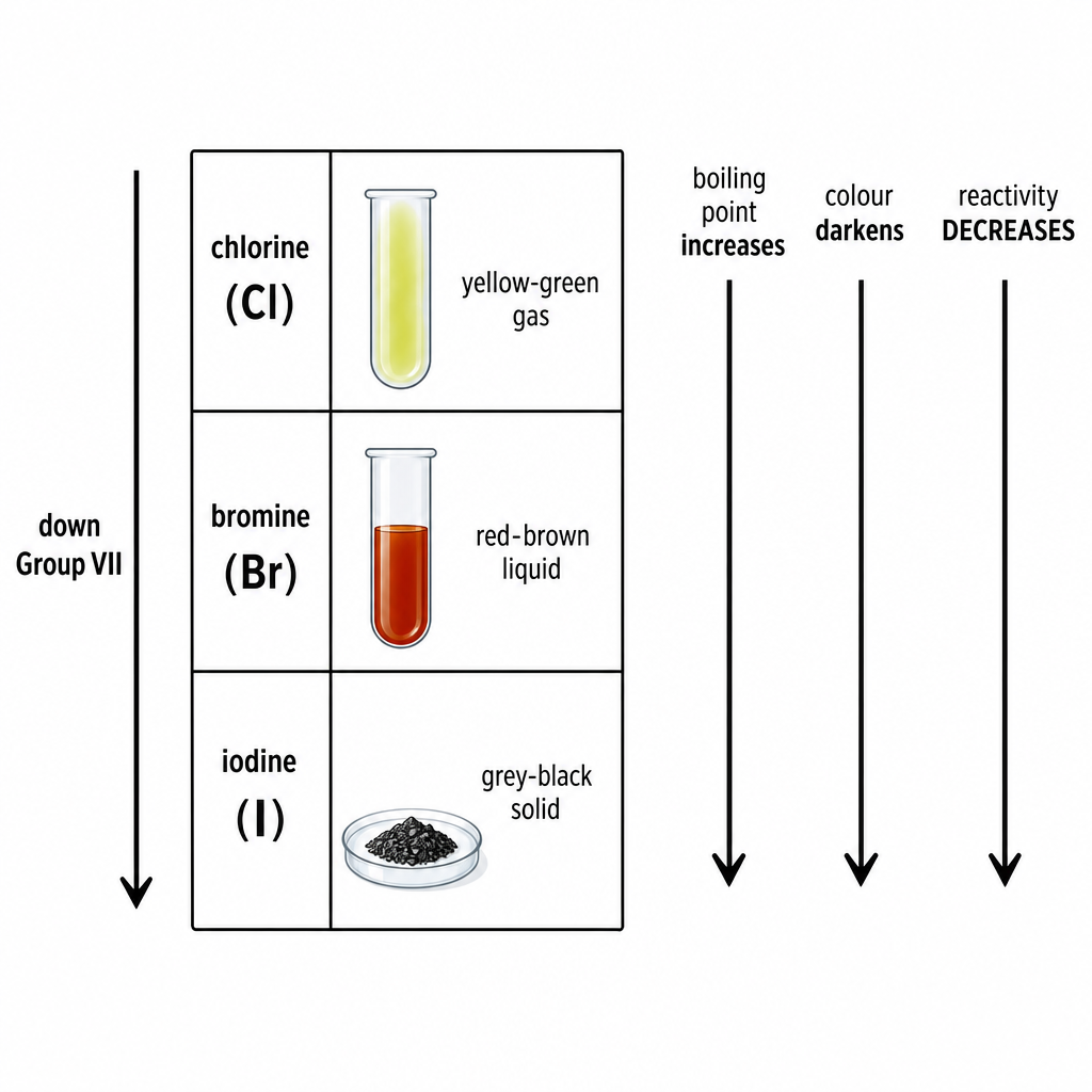A simple vertical Group VII chart, black-on-white. A downward arrow labelled "down Group VII". Rows: "chlorine — yellow-green gas"; "bromine — red-brown liquid"; "iodine — grey-black solid". To the right, arrows pointing down: "boiling point increase