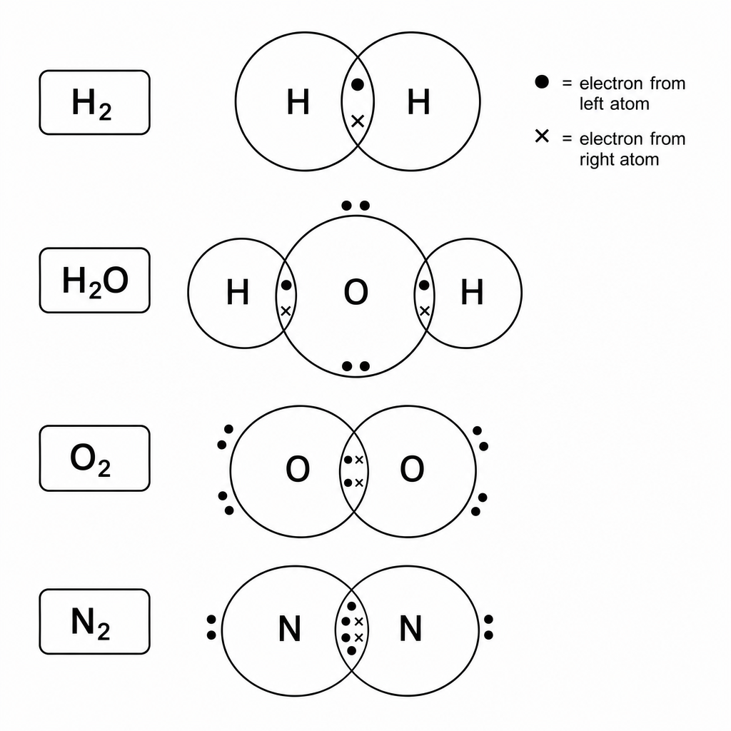 Four simple dot-and-cross diagrams titled "Covalent bonding" (outer electrons only): H₂ (single bond), H₂O (two bonds + two lone pairs on O), O₂ (double bond), N₂ (triple bond). Clean black-on-white line diagram.