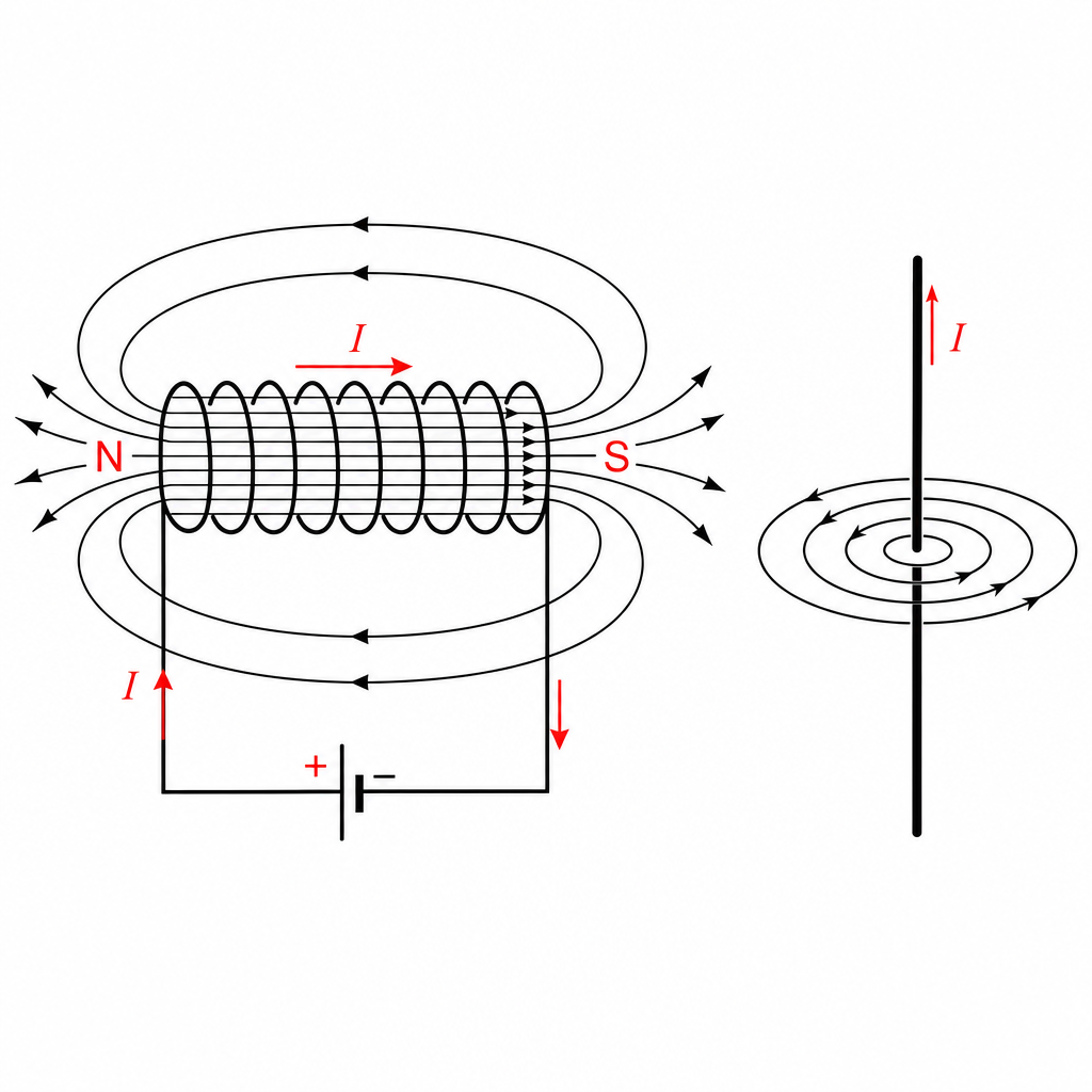 A solenoid (coil of wire) connected to a cell, with magnetic field lines drawn looping through and around it exactly like a bar magnet's field, the left end labelled "N" and the right end labelled "S". An arrow shows the current direction in the coil