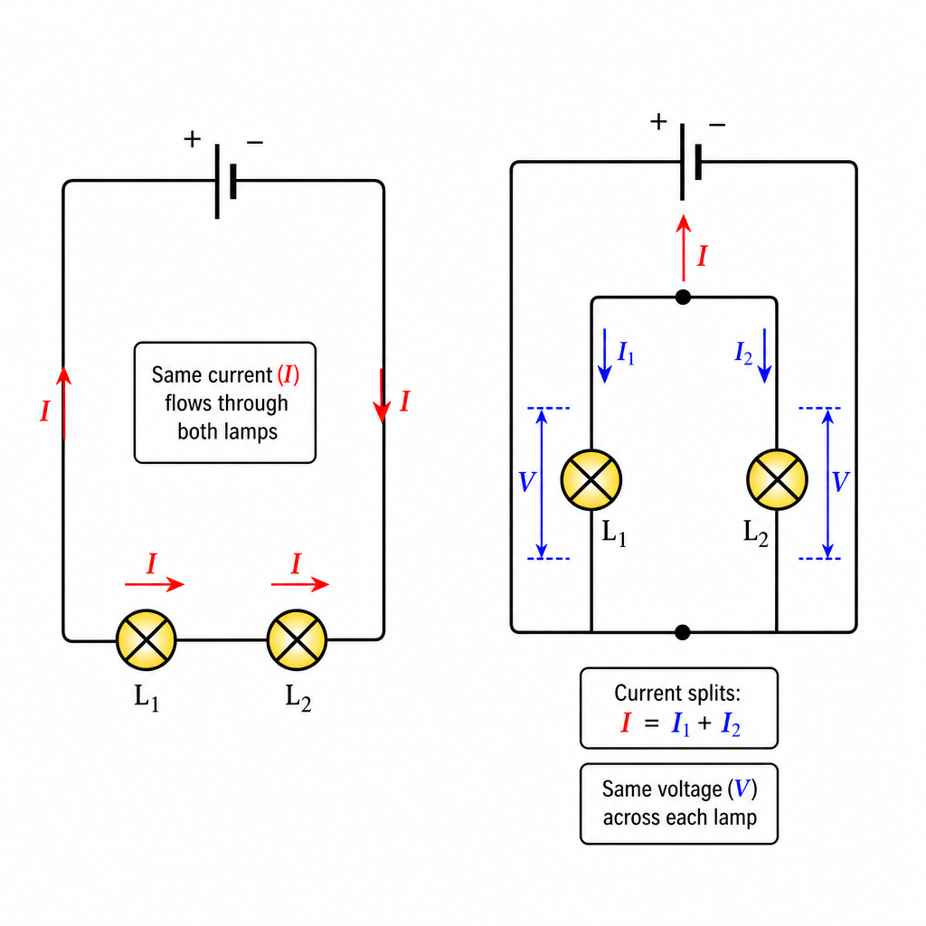 Two labelled circuit diagrams side by side. Left, labelled "Series": a single loop with a cell and two lamps one after the other, an arrow showing the same current passing through both. Right, labelled "Parallel": a cell with two lamps on separate br