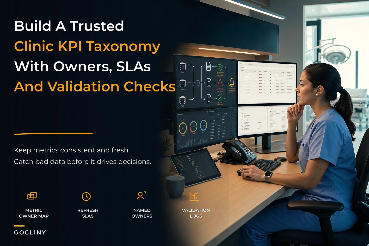 Build a single source of truth: a clinic KPI taxonomy with owner matrices, SLAs and lightweight validation checks