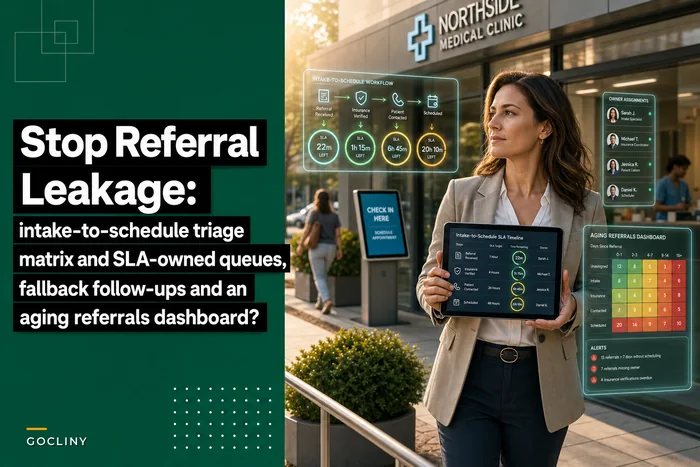 Close referral leakage: an intake-to-schedule workflow with triage SLAs, owner assignments and a tracking dashboard