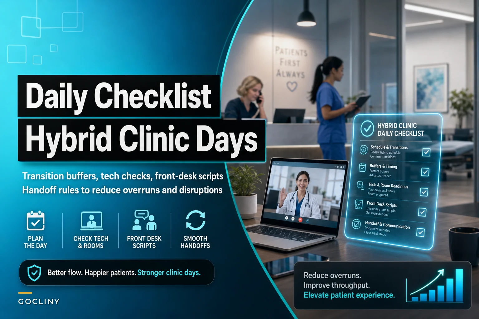 Daily checklist for hybrid clinic days: telehealth transitions, buffers and front-desk scripts