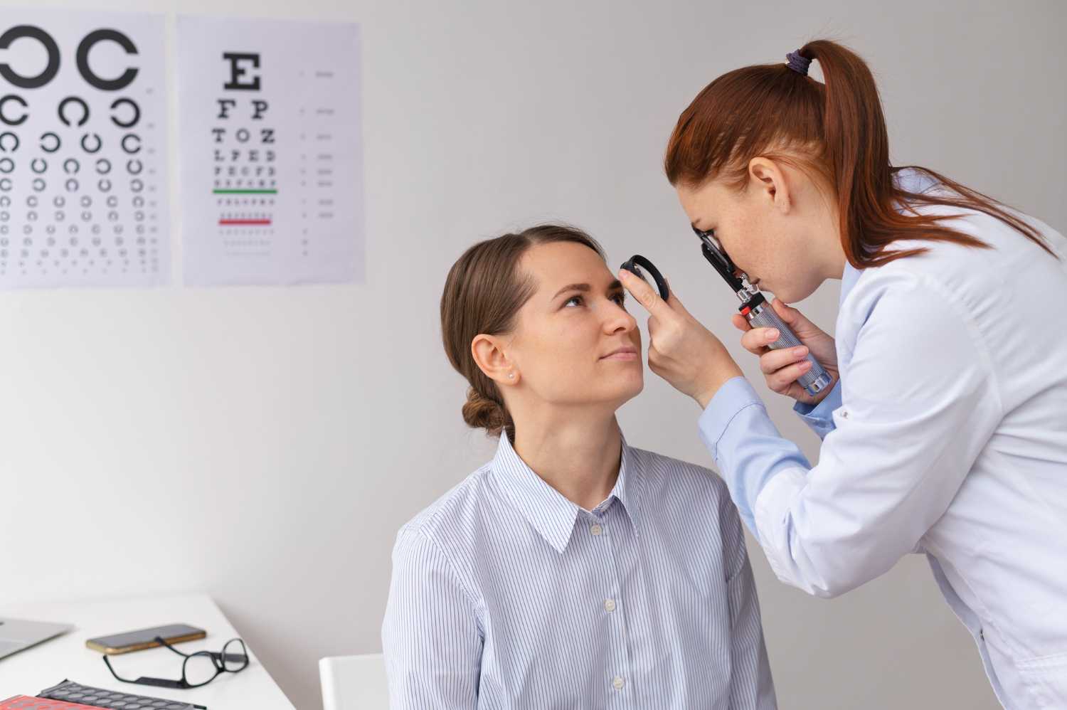 Eye specialist using an ophthalmoscope during a patient exam.