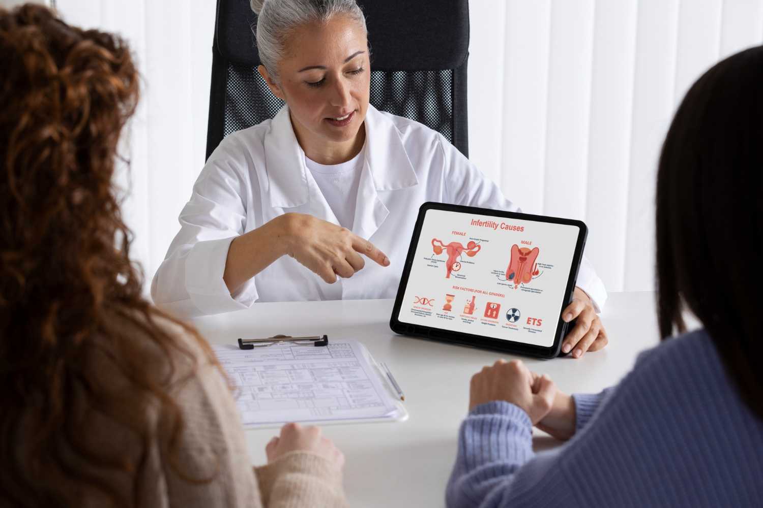 Doctor explaining kidney anatomy to a patient using a digital tablet.