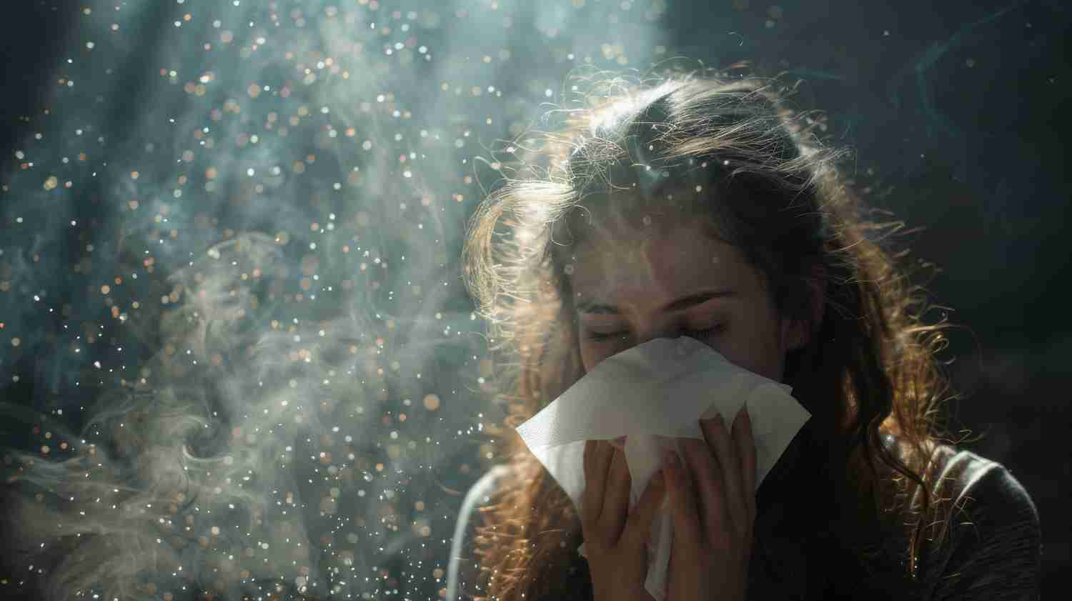 A person sneezing into a tissue indoors, with viral particle icons added for visual effect.