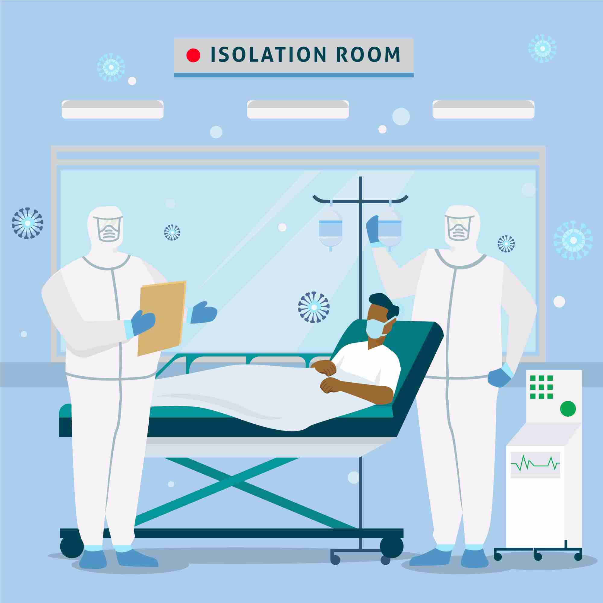  A healthcare worker in full protective gear examining a patient in an isolation room.