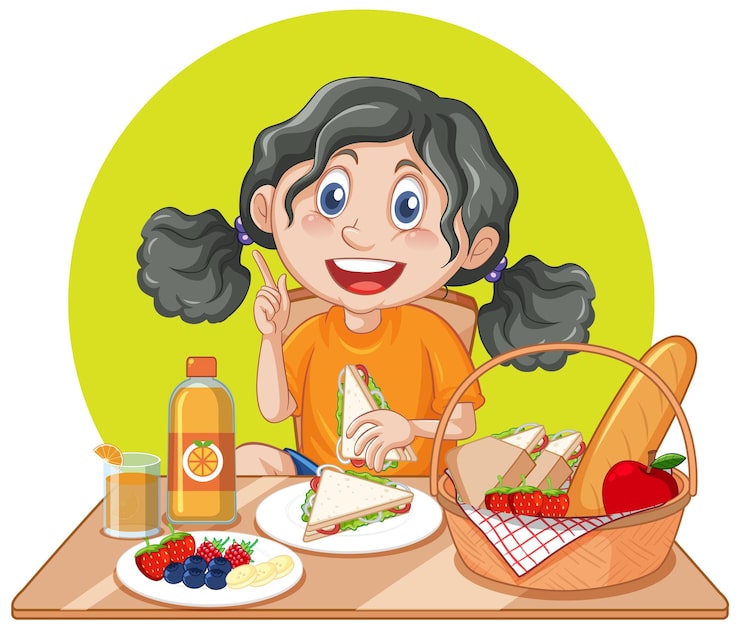 Illustration of a child eating healthy food