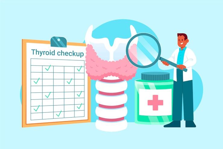 Illustration of a doctor with Thyroid model and medicine