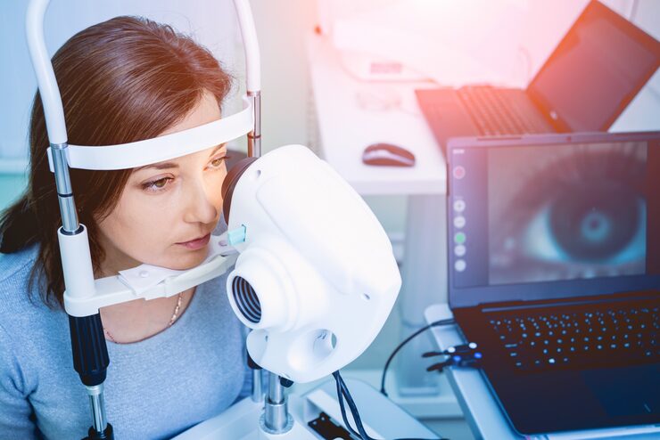 Woman getting her eyes examined by a machine