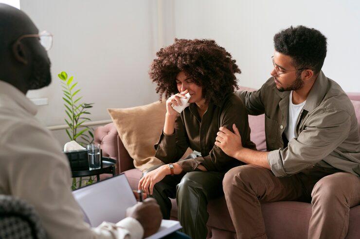 man offering crying woman emotional support