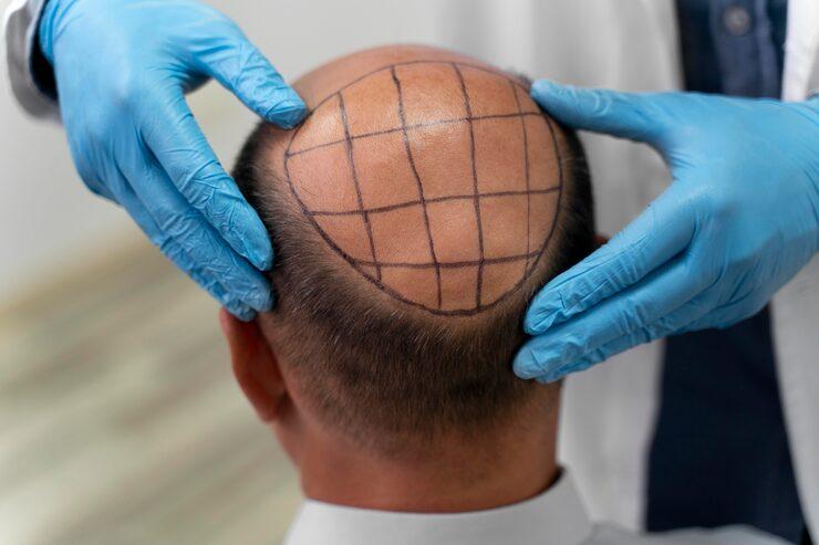 Bald area marked out in preparation for hair transplant surgery