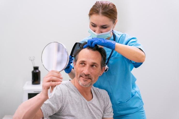 doctor examining patient’s scalp post surgery
