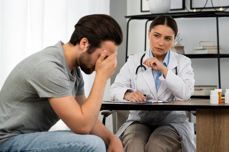 man suffering from head ache with a doctor