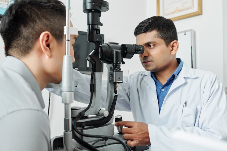 person getting eyes checked by a doctor