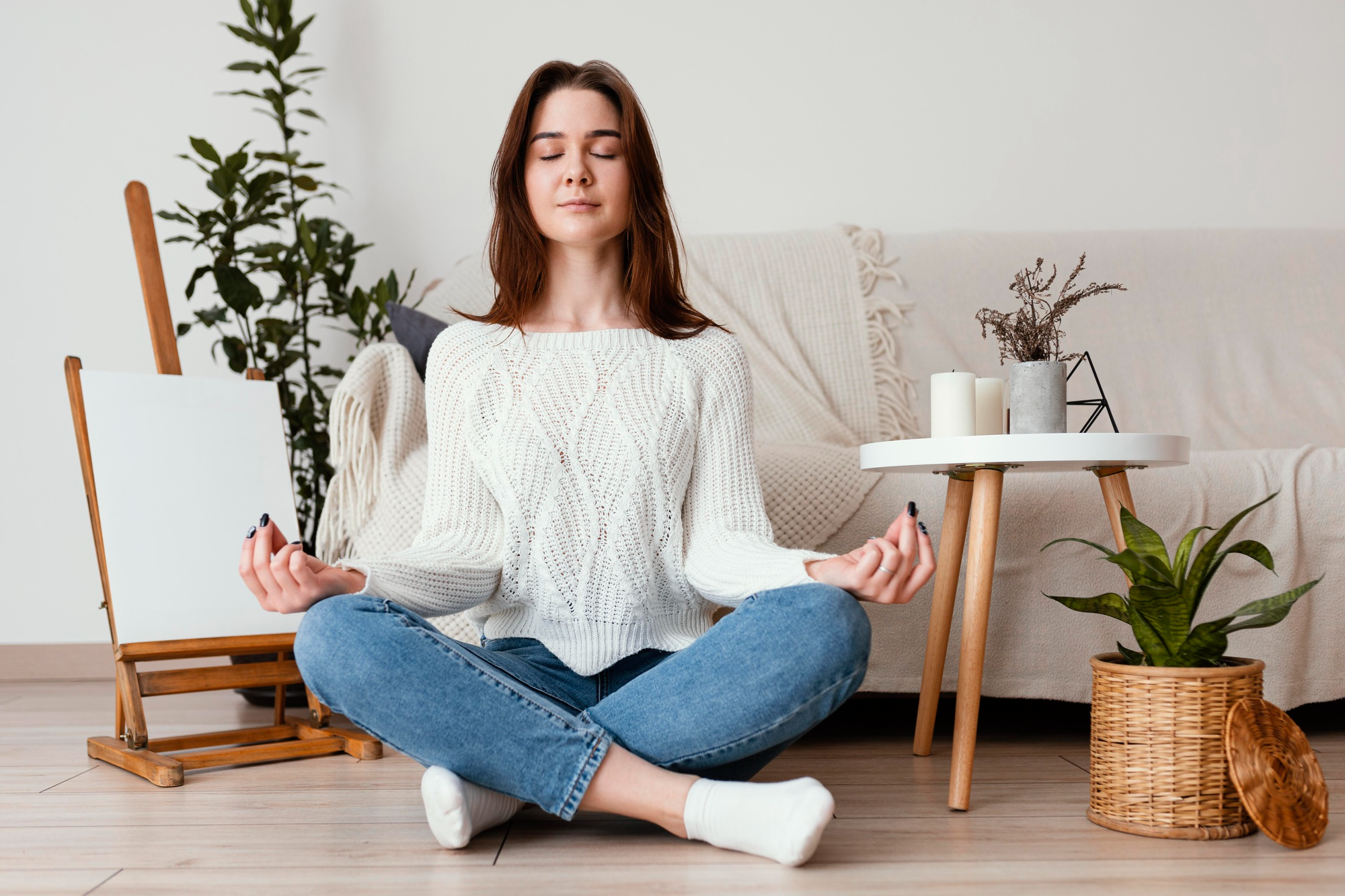A calm woman sits cross-legged, eyes closed, practicing deep breathing techniques to relieve stress and anxiety and promote mental well-being.