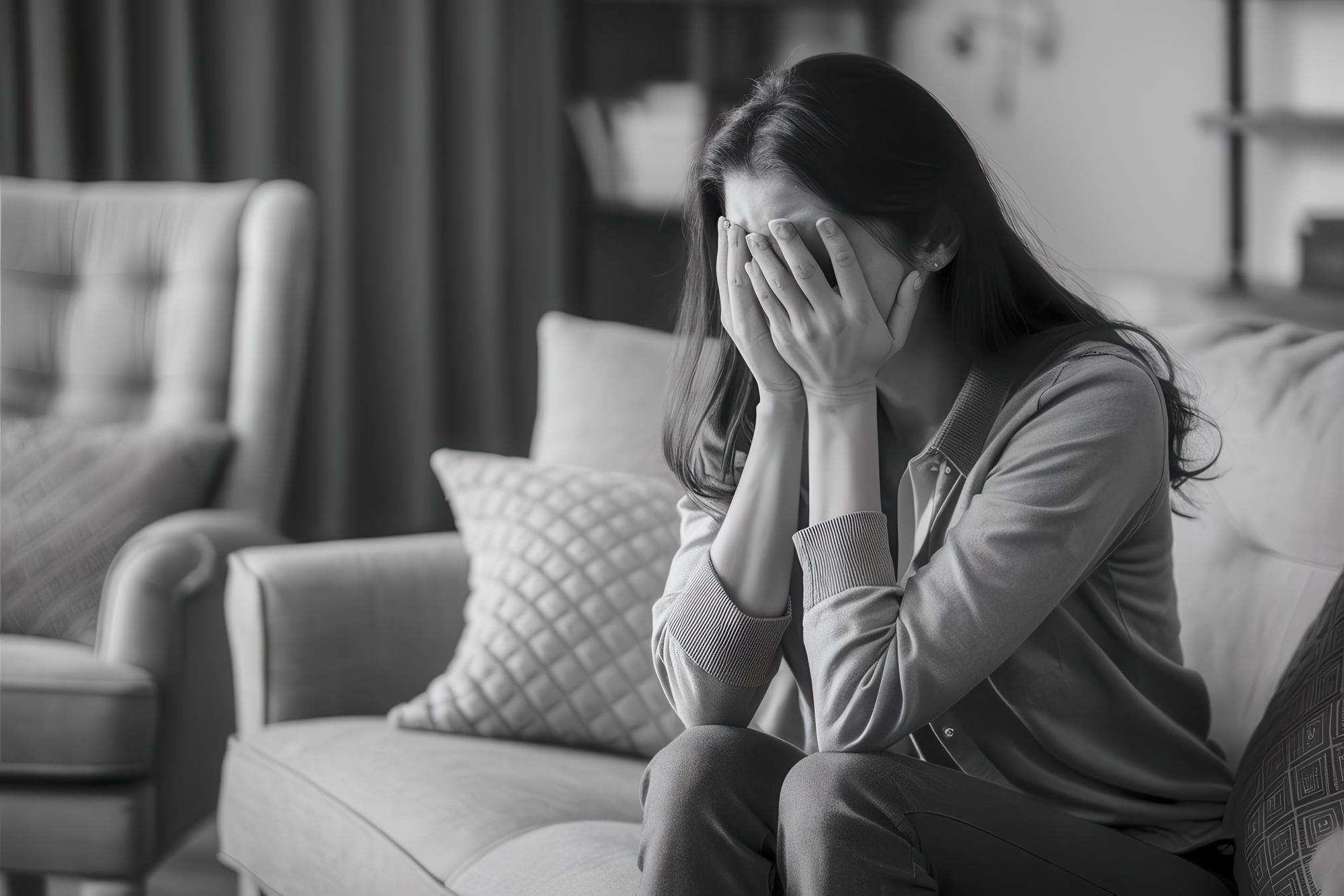 A woman sits quietly with her head down, reflecting feelings of sadness, hopelessness, and fatigue due to Vitamin B12 deficiency.
