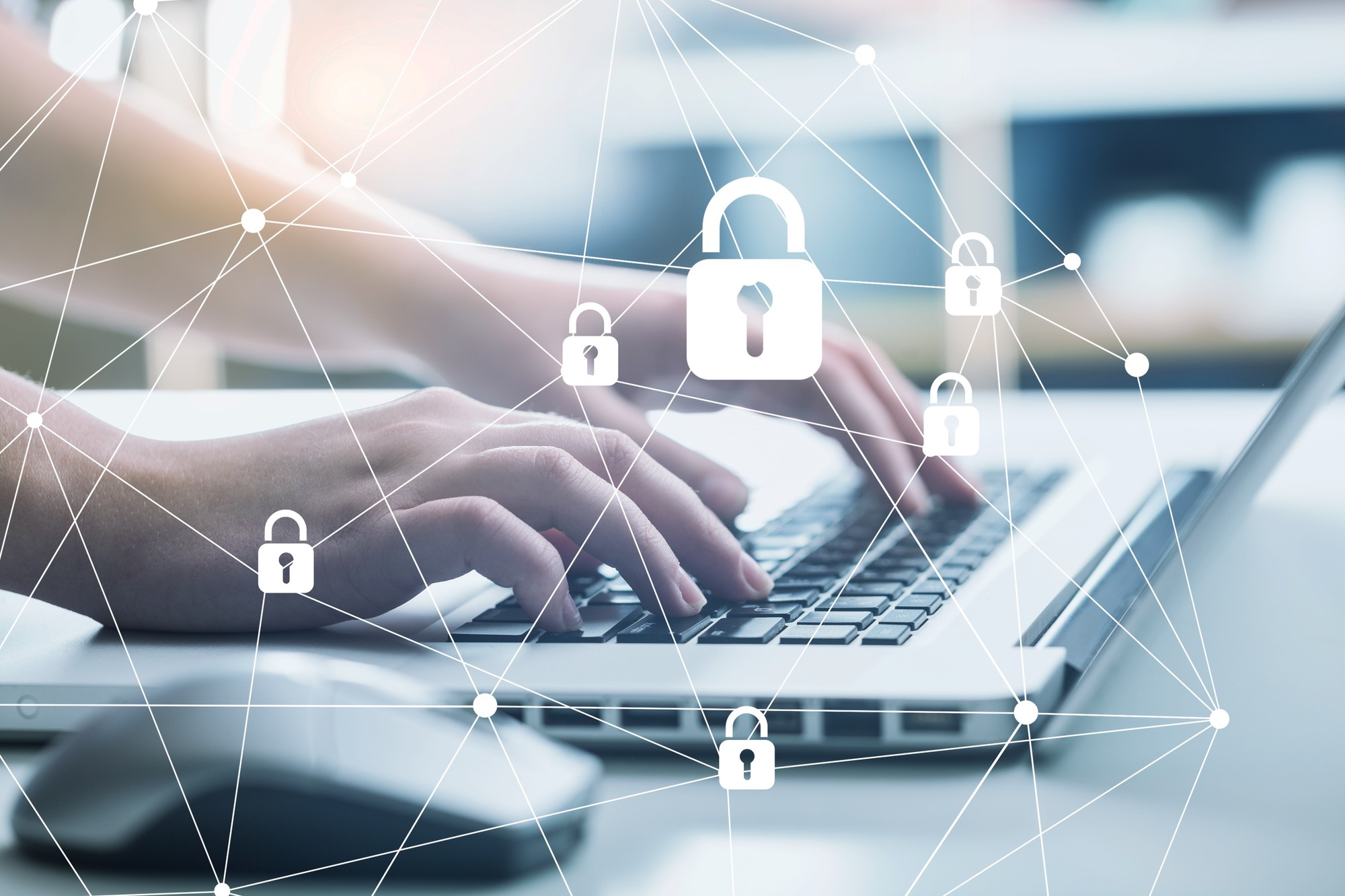 A transparent lock icon on a laptop representing secure data protection to safeguard personal health information collected through wearable devices and digital health tools.