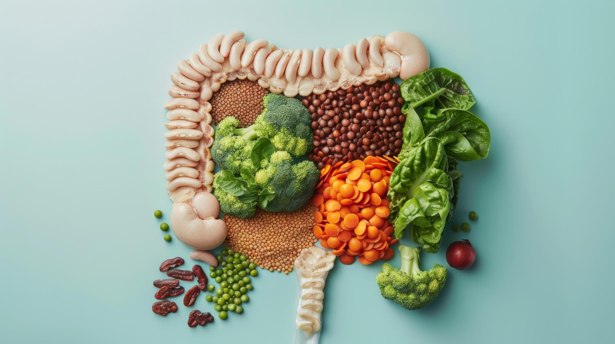 An assortment of gut-friendly foods such as vegetables and whole grains arranged creatively in the shape of human intestines.